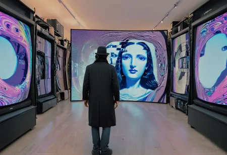 The Mona Lisa, displayed in the warped timelines of an enigmatic glitch spectre as he walks in paranoia through the busy streets of Tel Aviv
