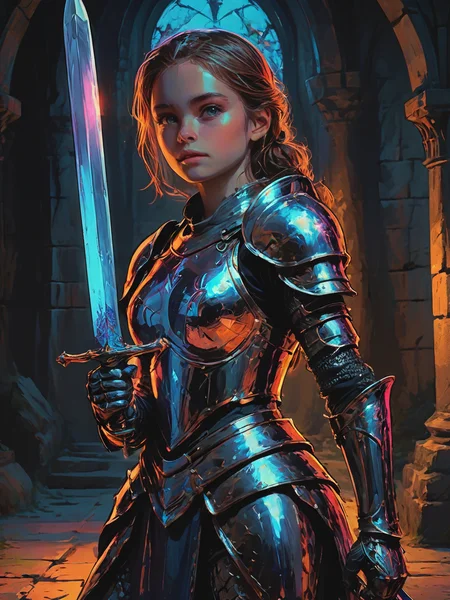 impactful color paint of girl knight, holding a sword, dazzling ,transparent , (1 arm up), waving sword, glowing armor, glowing eyes, full armor, hyper detailed, perfect anatomy, (in castle:1.2), <lora:Bold_Pop:0.8> highly detailed, vibrant colors , 8k, sharp, professional, clear, high contrast, high saturated, , vivid deep blacks, crystal clear