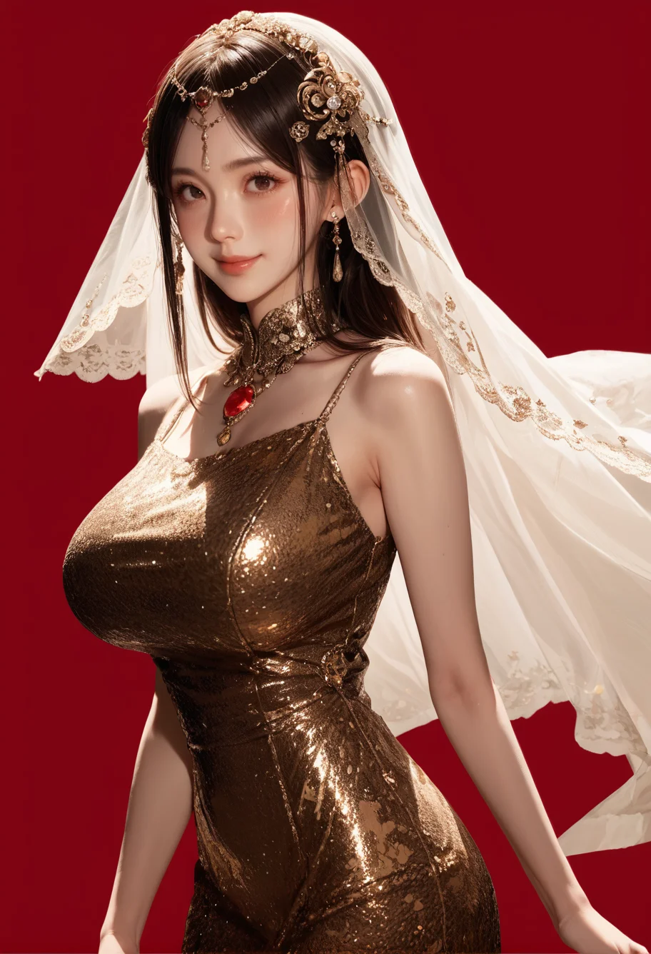 1girl,red background,,ruanyi1009,sleeveless dress,jewelry,gem,hair ornament,cowboy shot,skin tight,veil,gold dress,<lora:1009 performance clothes_v1_pony:1>, score_9, score_8_up, score_7_up, score_6_up, score_9, score_8_up, score_7_up, score_6_up source_anime, blush, 1girl, seduce smile, perfect body , natural huge breasts