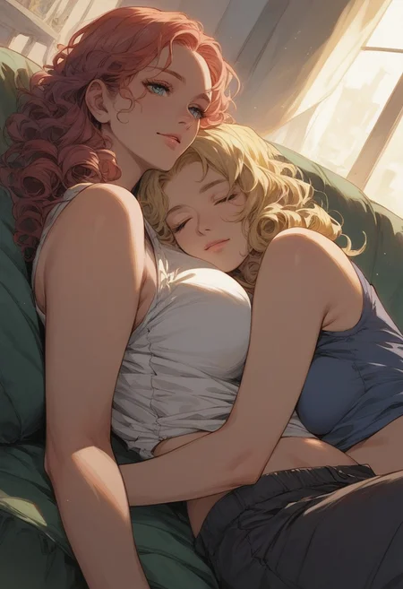 score_9, score_8_up, score_7_up, (masterpiece), (ultra quality), (detailed), (detailed skin texture),1girl,solo,detailed background, upper body,thick thighs,large breasts,midriff, hip bones ,carefree, sexy, sultry,aroused,red hair, long hair, curly hair, unique angle, inside, laying on couch, 1guy, short blonde hair, cuddling together, casual clothes,