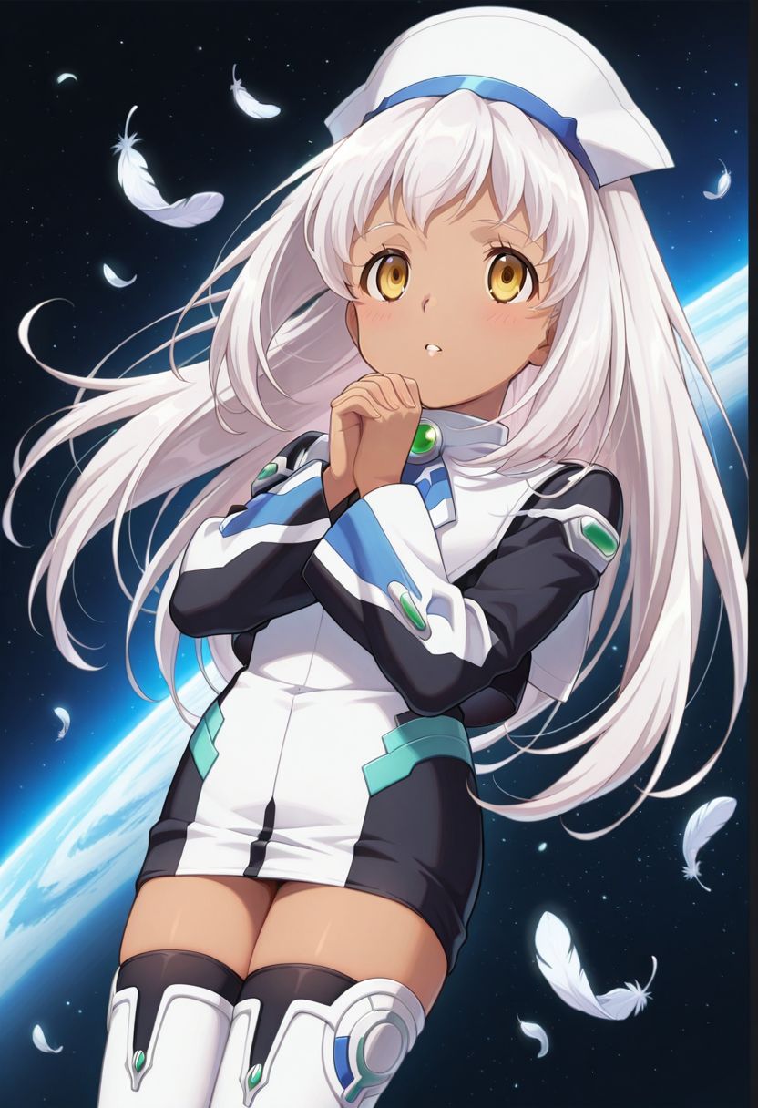 detailed eyes, beautiful, detailed background, perfect eyes,
source_anime, very aesthetic, anime coloring, masterpiece, official art,
<lora:HandFineTuning_XL:1>
BREAK,
space background, light particles,
full body, flat chest, blush,
legs together, own hands together, floating pose, falling feathers, parted lips, dynamic angle,
BREAK,
<lora:momo100Series_illustriousXL_v02:0.9>
x1ks, yellow eyes, white hair, long hair, sidelocks, white headwear, dark-skinned female,
short dress, white dress, long sleeves, 
white thigh boots,