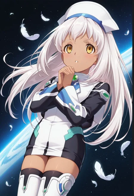 detailed eyes, beautiful, detailed background, perfect eyes,
source_anime, very aesthetic, anime coloring, masterpiece, official art,
<lora:HandFineTuning_XL:1>
BREAK,
space background, light particles,
full body, flat chest, blush,
legs together, own hands together, floating pose, falling feathers, parted lips, dynamic angle,
BREAK,
<lora:momo100Series_illustriousXL_v02:0.9>
x1ks, yellow eyes, white hair, long hair, sidelocks, white headwear, dark-skinned female,
short dress, white dress, long sleeves,
white thigh boots,
