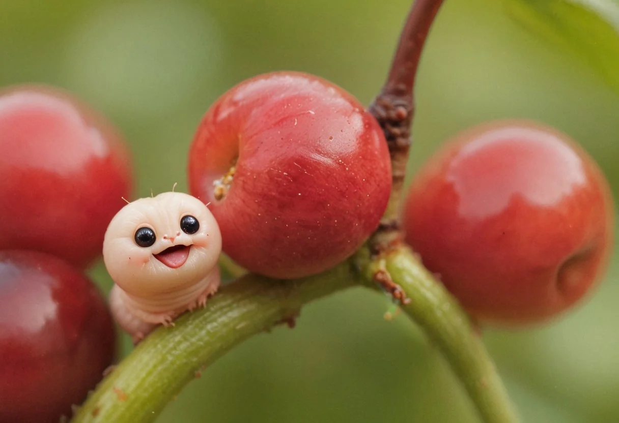 A tiny smol zhibi Smiling cute worm looking Out of a ripe Cherry, macro Closeup,