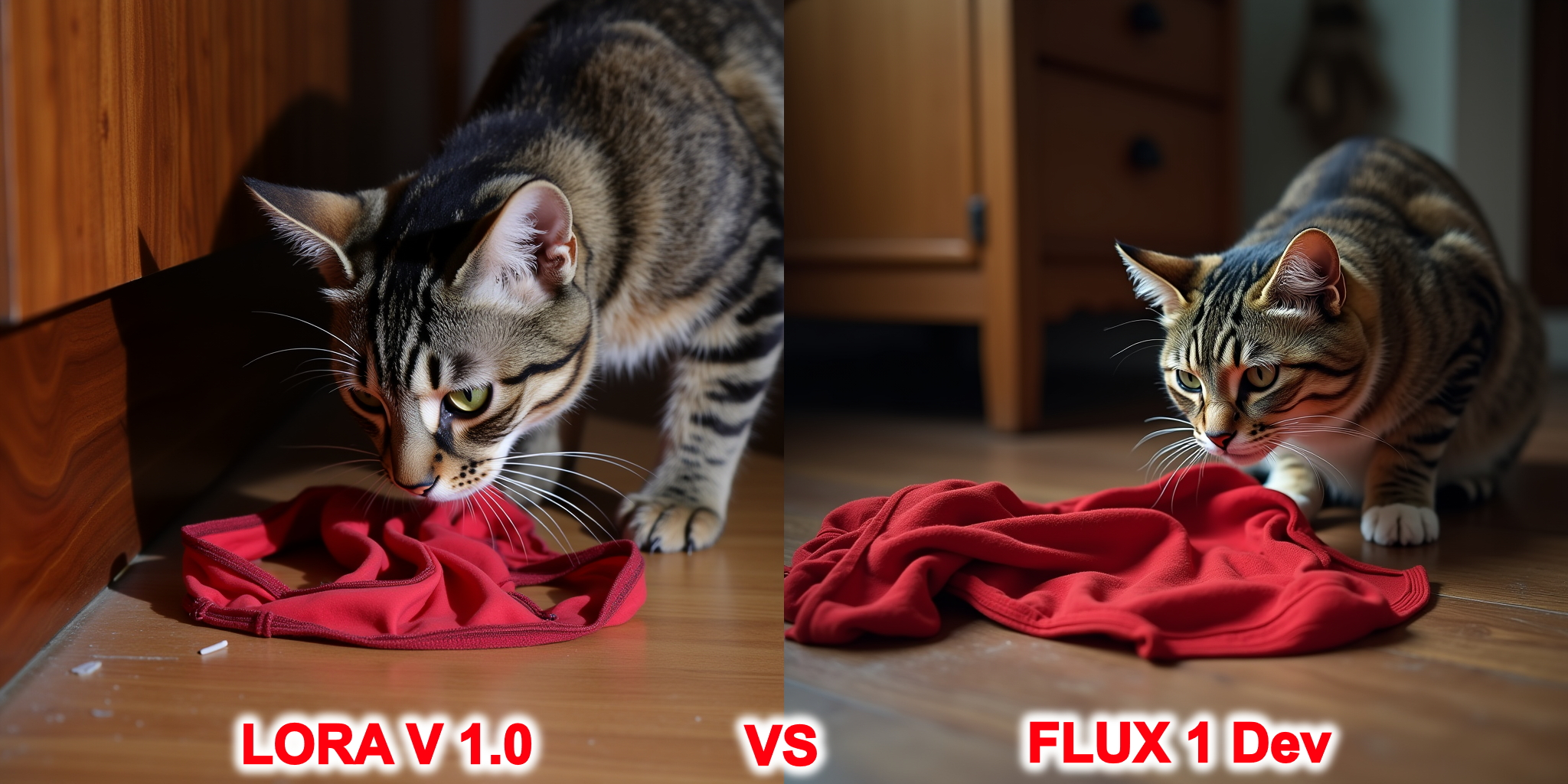 forgotten underwear, a cat sniffs worn red women's underwear forgotten on the floor, 4K, HDR, HD, high detailed, high resolution, sharp focus, masterpiece,