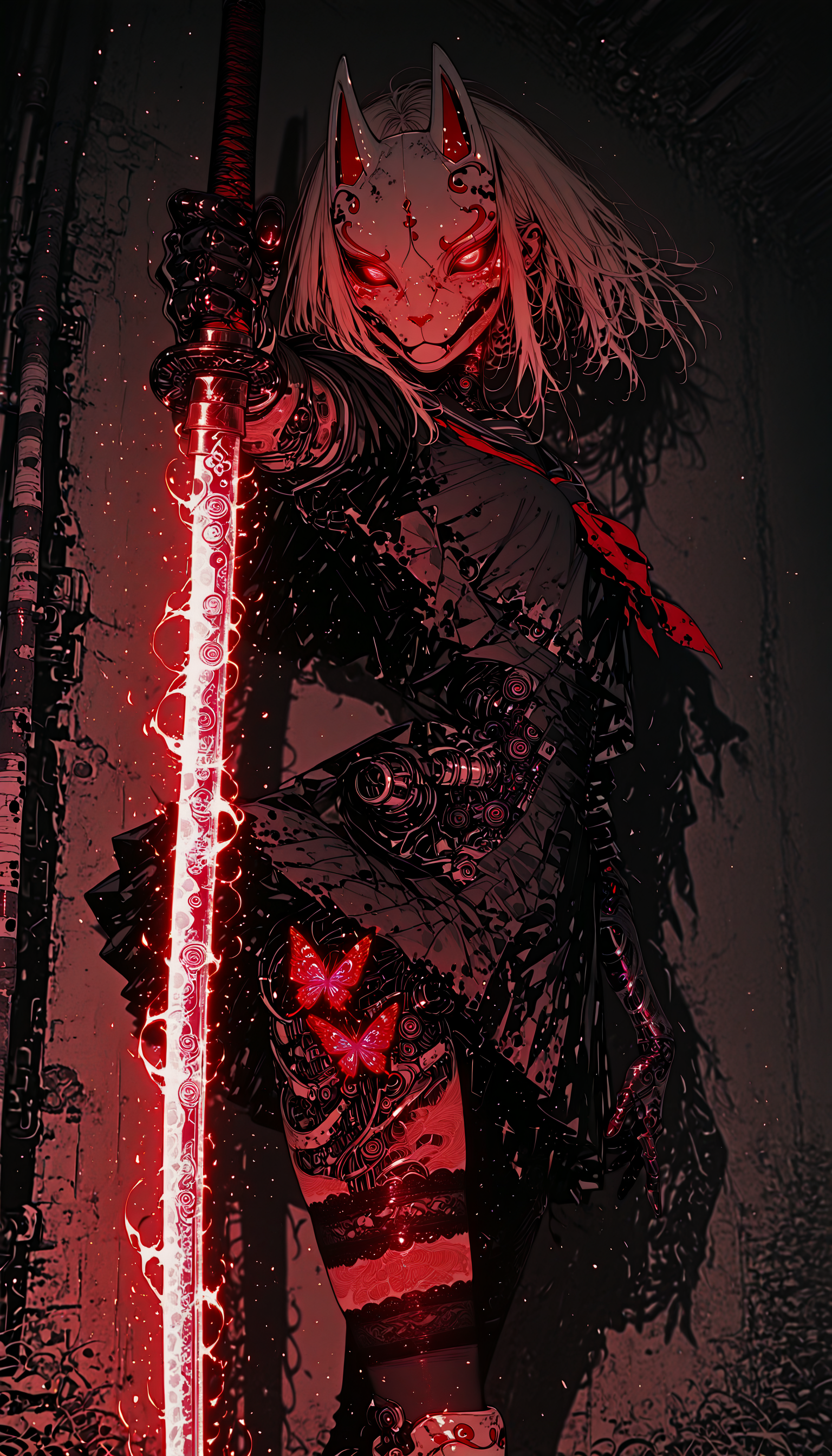 dynamic angle, 1girl, petite, fighting stance, school uniform, holding katana, fox mask, dynamic pose, looking at viewer, lace trim, over-kneehighs, glowingconcept, glowing_face_tattoo, glowing_eyes, Smo0thL1nes, (mechanical parts:0.9), mechanical joint, mechanical eye, flying glowing butterfly, glowing effects, bioluminescent, uncanny, fantasy, science fiction, best quality, amazing quality, very aesthetic, absurdres, newest, high contrast, clear color, beautiful shadow, beautiful light, cinematic light, cinematic shadow, bokeh, glare, (overexposed:1.2), high exposure, washed out colors, (subsurface scattering:1.2),  <lora:Glowing_tattoo_concept:0.7> <lora:iLLMythSmo0thL1nes:0.9>