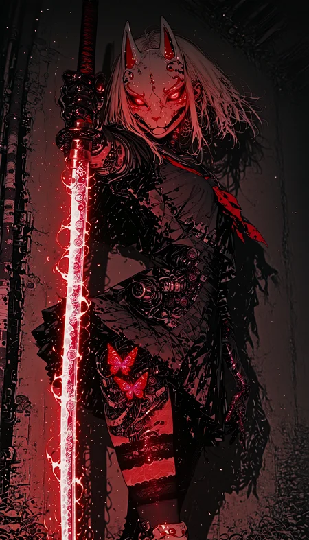 dynamic angle, 1girl, petite, fighting stance, school uniform, holding katana, fox mask, dynamic pose, looking at viewer, lace trim, over-kneehighs, glowingconcept, glowing_face_tattoo, glowing_eyes, Smo0thL1nes, (mechanical parts:0.9), mechanical joint, mechanical eye, flying glowing butterfly, glowing effects, bioluminescent, uncanny, fantasy, science fiction, best quality, amazing quality, very aesthetic, absurdres, newest, high contrast, clear color, beautiful shadow, beautiful light, cinematic light, cinematic shadow, bokeh, glare, (overexposed:1.2), high exposure, washed out colors, (subsurface scattering:1.2), <lora:Glowing_tattoo_concept:0.7> <lora:iLLMythSmo0thL1nes:0.9>