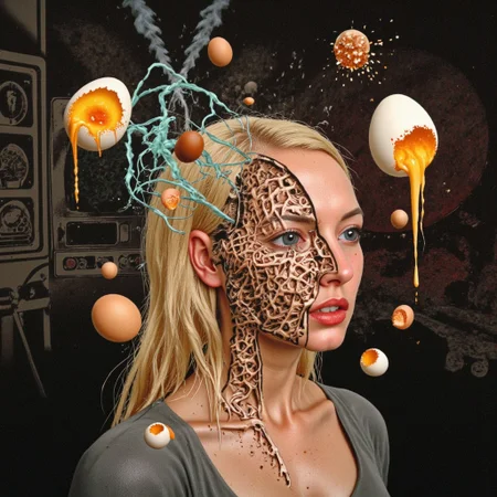 woman in her 20s with blond hair. head is split into four distinct quadrants with very sharp division lines so you can see the cutaway of the face like a science diagram. very strange surrealist style with holographic vortex featuring swirls of holotropic colour and glowing eyes wet distorted factory shot. On the television sets are glowing hands, with electricity coming off the finger tips. swirling around her head are holograms of glyphs chaos magick symbols. the room has thick electicity cables and smoke is coming off them. large fried eggs are floating in the air, dripping gooey cracked eggs, there are multiple eggs floating. on the wall in the background are photos of nuclear explosions