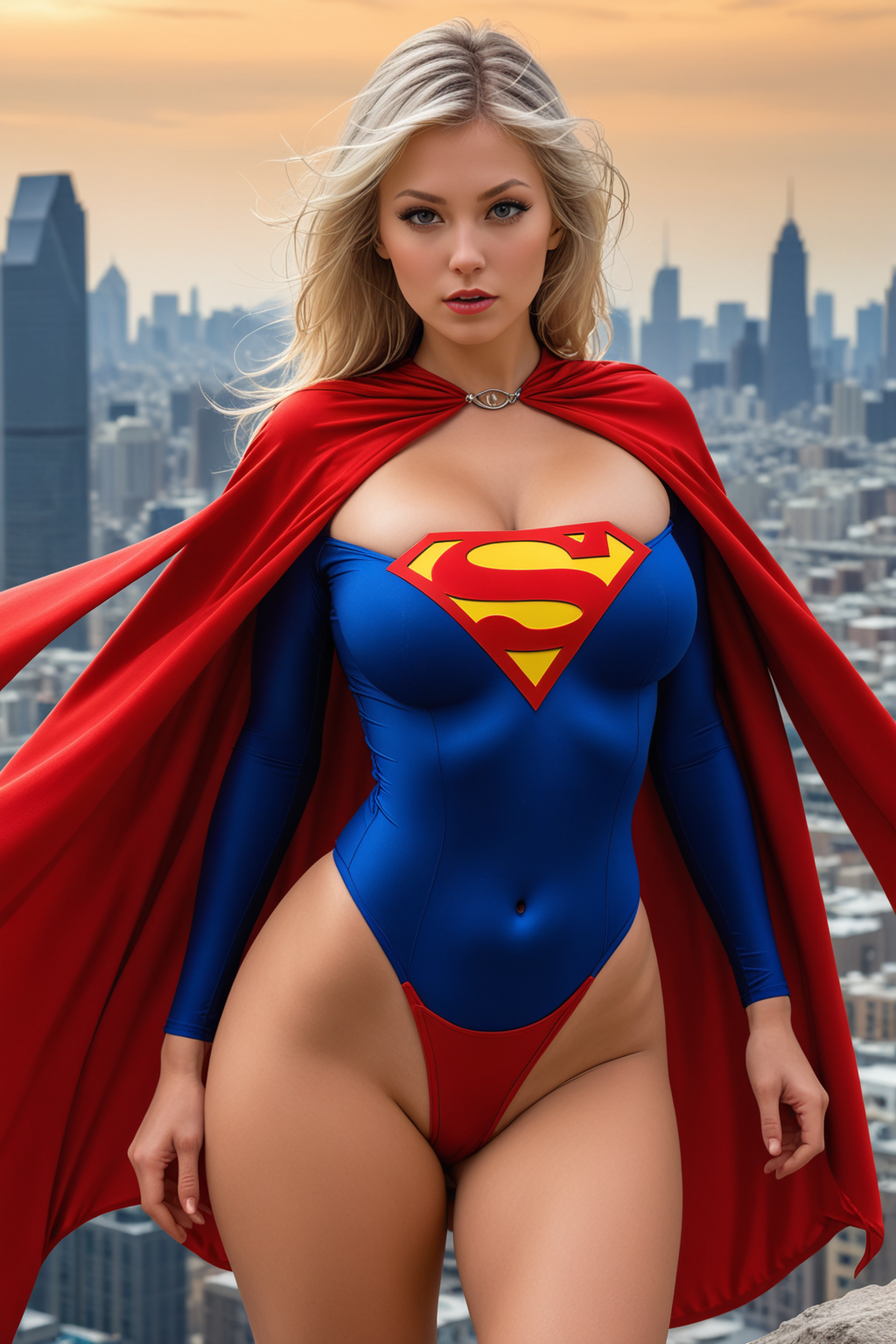 Super girl, detailed city background, (small thong bodysuit), (large round breasts), amazing cleavage, Super girl logo, , UHD, HDR  <lora:SD_Dices_Mega_Detail_v1:0.85>