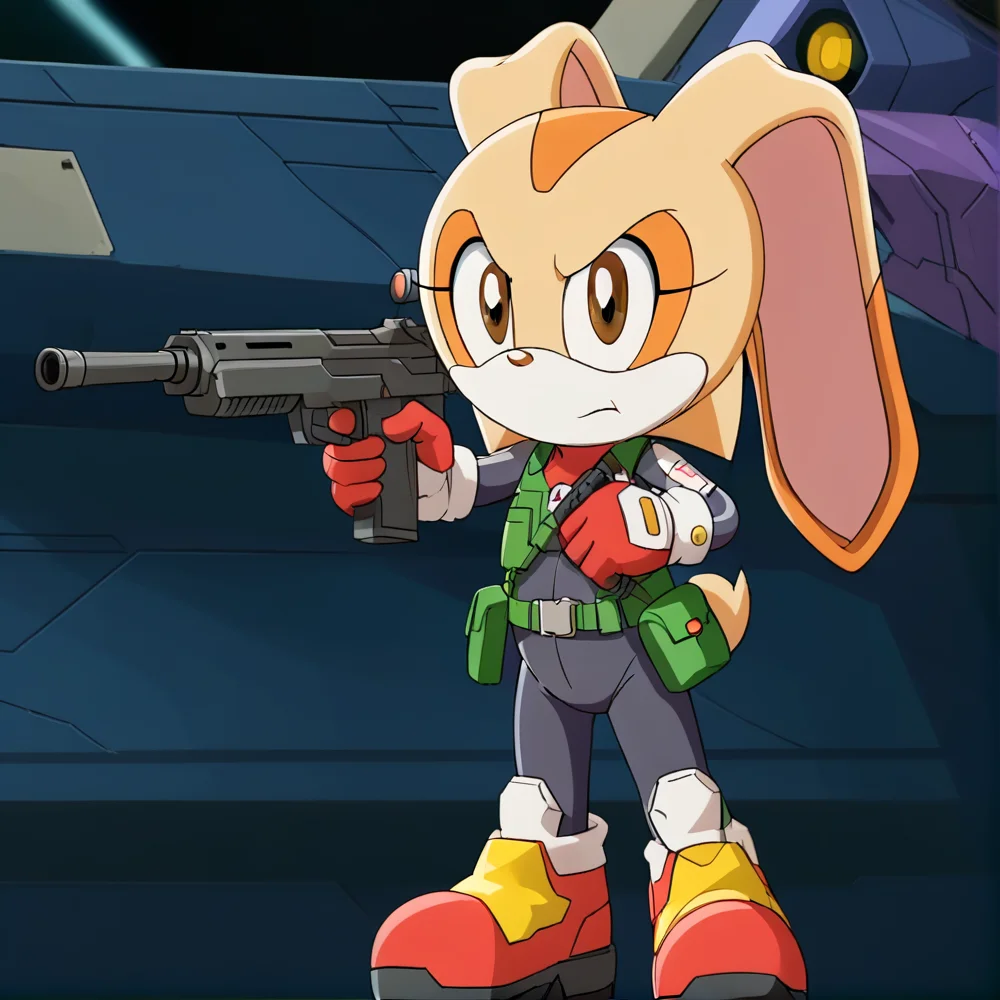 hi res, best quality, female, Score_9, score_8, score_7 BREAK, best anatomy, small body, young, petite, (solo), ultra detailed, short, (source_cartoon), (((show accurate))), (masterpiece), <lora:Cream_the_rabbit_Pony_V3:1>, cre@m_the_rabbit, furry, two-tone fur, rabbit ears, 1girl, animal nose, brown eyes, rabbit girl, armor, cyberpunk outfit, gun, rifle, holding, combat pose