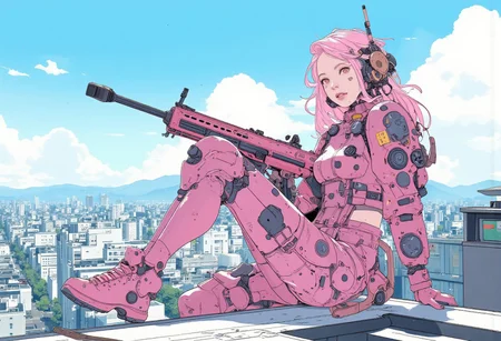 hyper realistic and highly detailed, highly dynamic cinematic panorama view, 
girl in pink high-tech armor, candy armor, pink hair, holding a pink candy rifle, winking, sticking out her tongue, bright day, high-tech city, sunny weather, on the roof, sitting on the edge of a building, cheerful playful mood