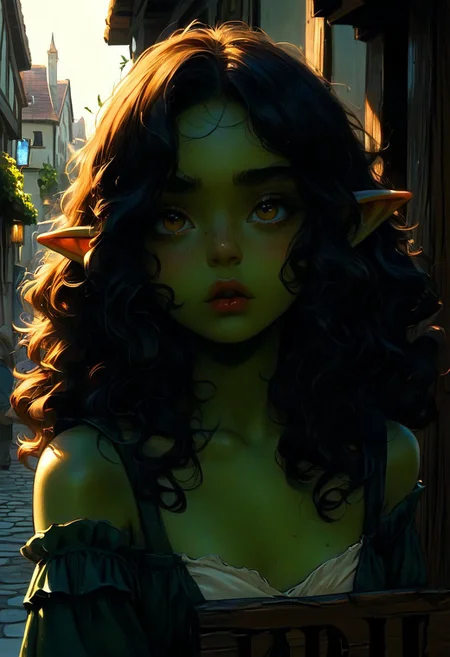 score_9, score_8_up, score_7_up, 1girl, goblin, dark green skin,  solo female focus, large pointed ears. skinny, wild red hair, long hair, loose curly hair, green skin, freckles, Freckled ass, beautiful yellow eyes, small breasts, brown loin cloth, chest wrap. Pouting lips. Blushing, cute pout, expression. Holding wooden sign, "starving goblin  need buzz" messy writing. Looking up at viewer.
Medieval town street. Bright sunny day