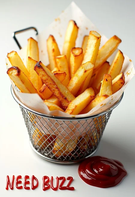 Hyper-realistic high-resolution shot of a basket of crispy golden French fries. The French fries are cut into thick slices, with a perfect crispy crust on the outside and a fluffy filling inside, each piece glistens slightly from the oil. Some potatoes are slightly curved, while others stand upright, creating a naturally appetizing shape. The basket is a classic wire mesh with a small handle, lined with white parchment paper with small spots of grease. Next to the basket, "NEED BUZZ" is written in red ketchup at the bottom. French fries have a warm golden hue with slightly darker crispy edges. The image is highlighted on a clean white background, which gives it a neat and professional look. The image is made with clear details and soft, uniform lighting, emphasizing the crispy texture and inviting taste of French fries.