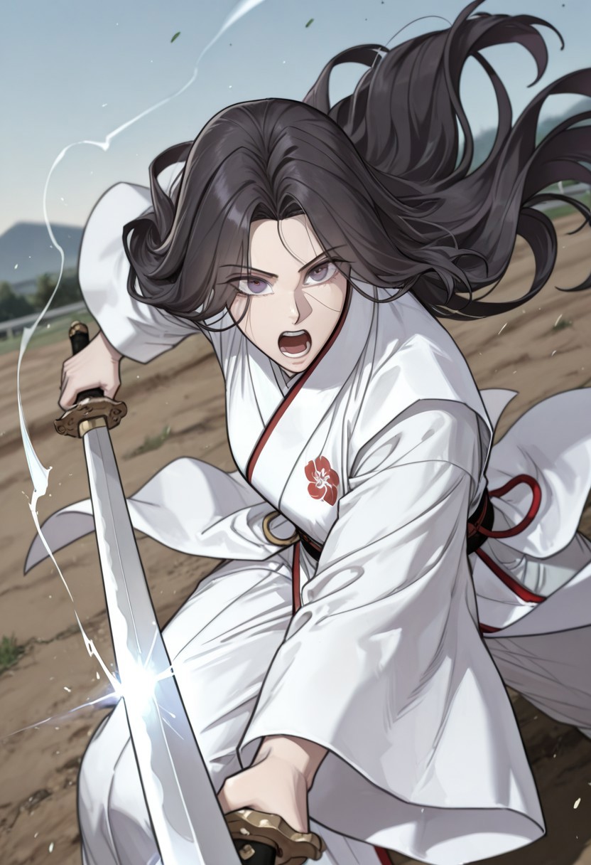 yooiseol, 1girl, solo, long hair, violet eyes, black hair, eyes visible through hair, weapon, sword,solo, holding, holding weapon, open mouth, holding sword, one-handed, wind trail, pump blossom, mount hua sect, moving wind,
masterwork, masterpiece, best quality,  detailed, high detail, very aesthetic, 8k, dynamic pose, depth of field, dynamic angle,