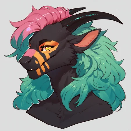 score_9, score_8_up, score_7_up, score_6_up, score_5_up, score_4_up, rating explicit, source furry BREAK
felkin, furred dragon, yellow eyes, female, 2 horns, black horn, colorful face markings, black body, pink highlights, green hair, multicolored fur, multicolored hair, bust portrait, <lora:Felkin_PonyV6XL:0.9>