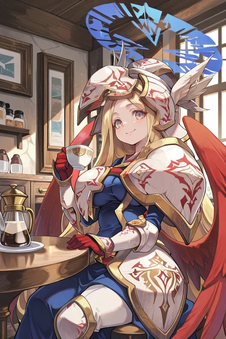 masterpiece, best quality, amazing quality, very aesthetic, absurd, newest, detailed eyes, <lora:illustrious_quality_modifiers_masterpieces_v1:0.8> , solo, <lora:ChamIllustriousBackgroundEnhancer:0.5>, detailed background,      <lora:Kitn_marietta_illust:0.9> , Kitn_marietta_illust, blonde hair, wings, halo, armor, solo, cafe, drinking coffee, interior, interior, bedroom, sitting, smile, looking at viewer, cowboy shot, large breasts,