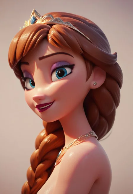 score_9, score_8_up, score_7_up, score_6_up, score_5_up, score_4_up, 1girl, princess Anna from frozen, sweet smile, waist up, modest pose, side view, looking at viewer, source_pixar, 3D animation