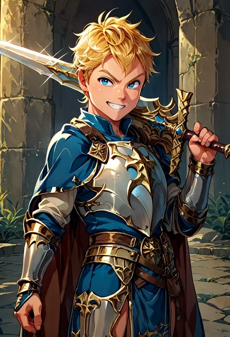 score_9, score_8_up, score_7_up, 1boy, solo, cute boy, young, blonde hair, blue eyes, angry smile, cape, breastplate, pauldrons, bracers, codpiece, loincloth, knight boy, holding sword-over-shoulder, weapon over shoulder