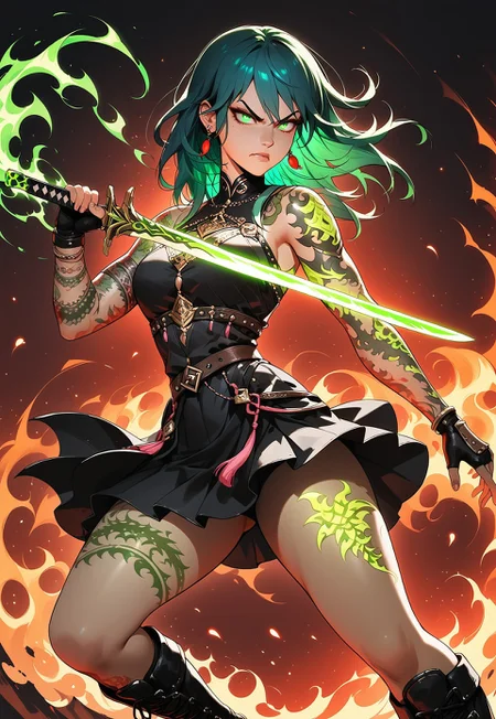 safe_pos, score_9, score_8_up, score_8_up,NLSTN, dark, 1girl, byleth (fire emblem) solo, flowing teal hair, earrings, jewelry, green glowing eyes, ornate pauldrons, green glowing tattoos, Nordic tattoo, ((arms tattooed)), tattoos, sexy pose, ((body tattoos)), full body shot, holding red glowing sword in one hand, fingerless gloves, skirt, side angle shot, ((thighs tattooed)), sexy combat boots, combat pose, intense expression, angry face, swinging sword with both hands, her eyes focused on her sword, detailed eyes,
