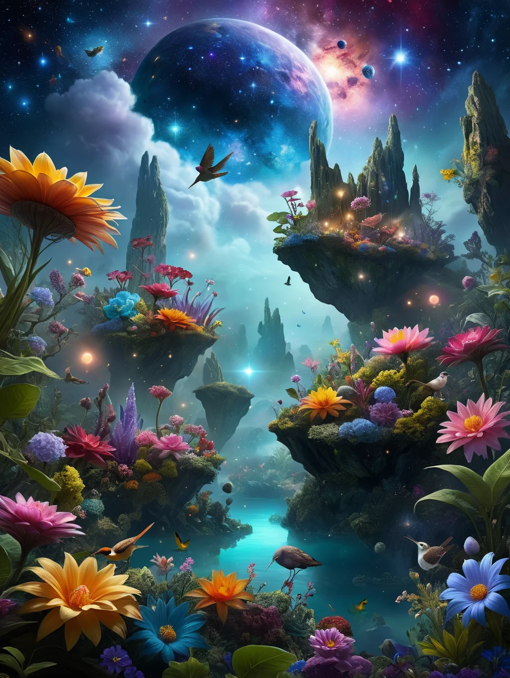 digital art in the style of epic Surreal, abstract, bizarre, A garden that lies on a floating asteroid,
32k uhd, focus eyes, fearsome appearance, masterpiece, high resolution, HD, 8k, best quality, intricate details, <lora:add-detail-xl:1.8>