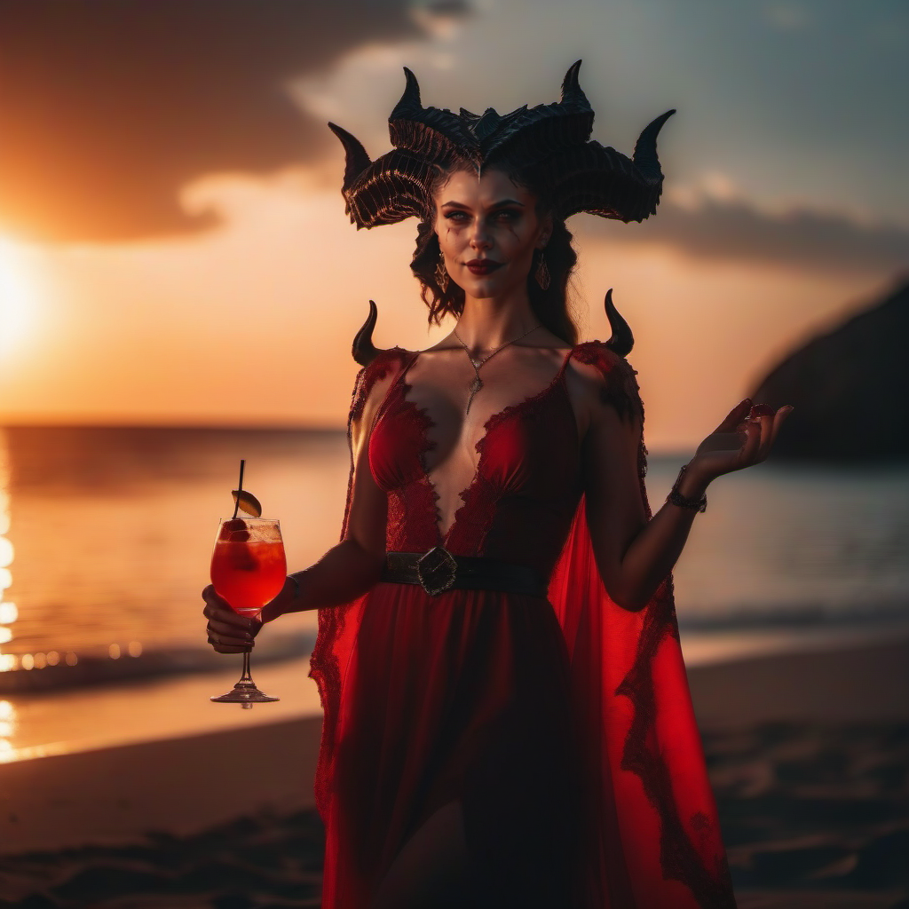 cinematic photo full body portrait of  an elegant 1girl, smile, breast, demon horns, demon wings, blood, summer dress, having a cocktail on the beach, sunset <lora:Diablo4-1024:0.8> . 35mm photograph, film, bokeh, professional, 4k, highly detailed