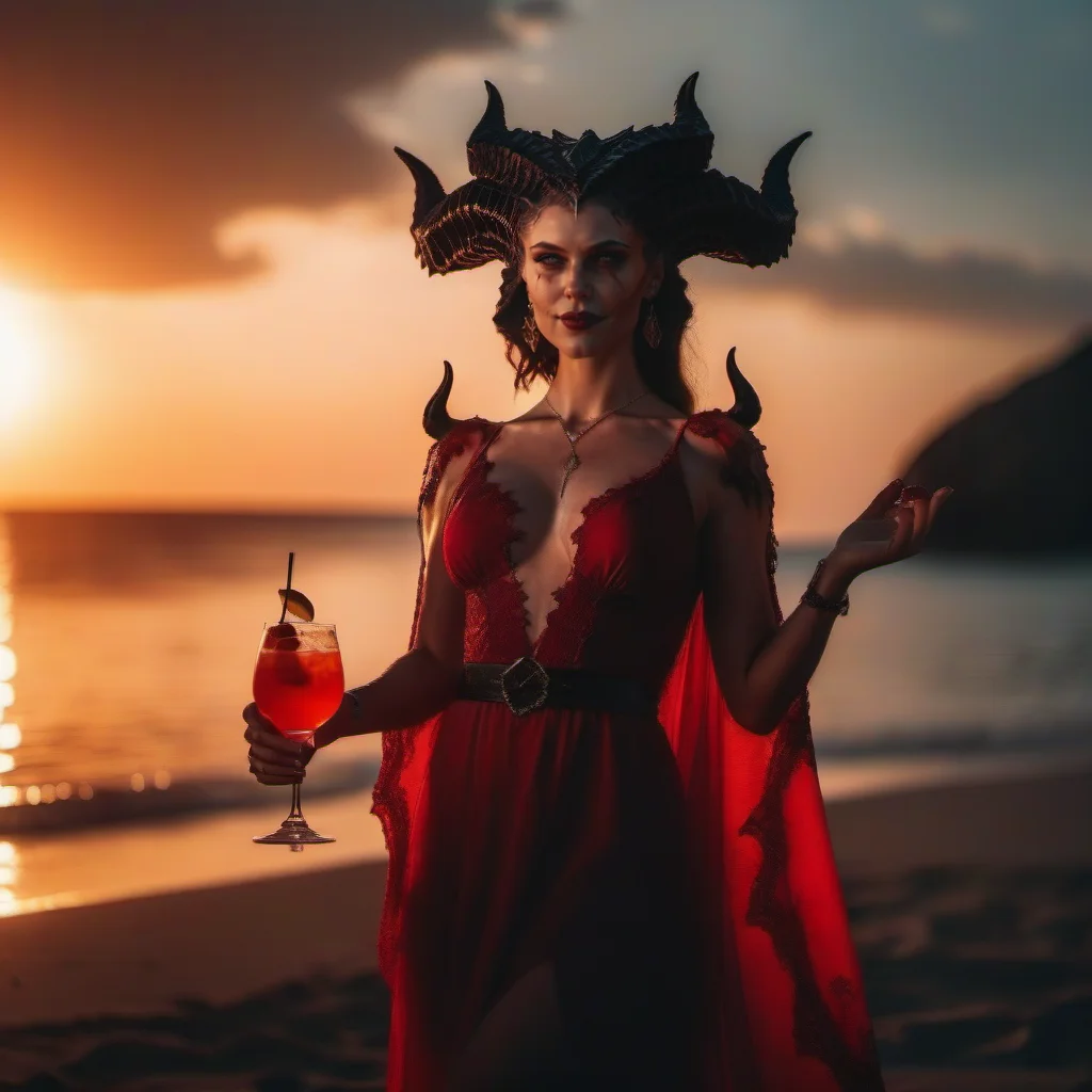 cinematic photo full body portrait of  an elegant 1girl, smile, breast, demon horns, demon wings, blood, summer dress, having a cocktail on the beach, sunset <lora:Diablo4-1024:0.8> . 35mm photograph, film, bokeh, professional, 4k, highly detailed