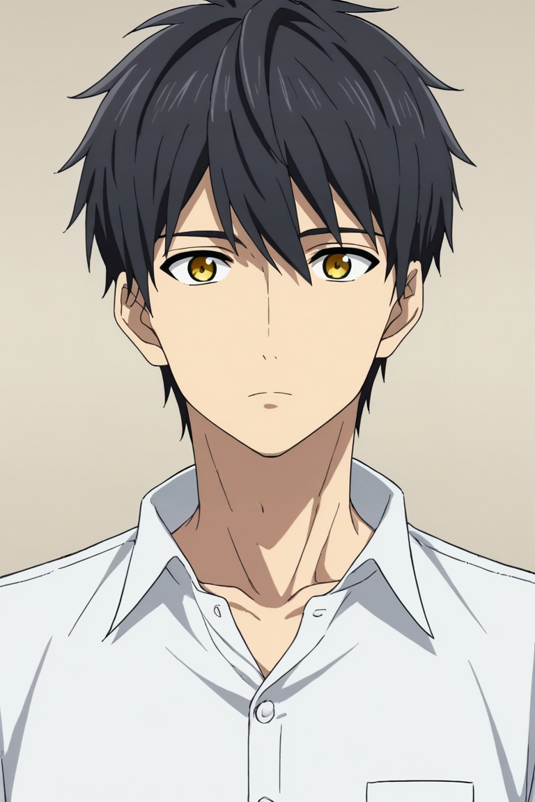 score_9, score_8_up, score_7_up,score_6_up,score_5_up,score_4_up,source_anime,BREAK, rating_safe, intricate details , , , anime screencap, anime coloring, official style, depth of field,1boy, solo, male focus , , ,  <lora:kuro_sakuragawa:0.90>,kuro sakuragawa,black hair,yellow eyes,short hair,looking at viewer,shirt, expressionless,closed mouth, white shirt, upper body, collared shirt,collarbone,buttons,simple background , , , <lora:sdxl_lightning_8step_lora_315544:1>