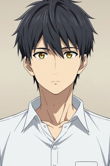 score_9, score_8_up, score_7_up,score_6_up,score_5_up,score_4_up,source_anime,BREAK, rating_safe, intricate details , , , anime screencap, anime coloring, official style, depth of field,1boy, solo, male focus , , , <lora:kuro_sakuragawa:0.90>,kuro sakuragawa,black hair,yellow eyes,short hair,looking at viewer,shirt, expressionless,closed mouth, white shirt, upper body, collared shirt,collarbone,buttons,simple background , , , <lora:sdxl_lightning_8step_lora_315544:1>