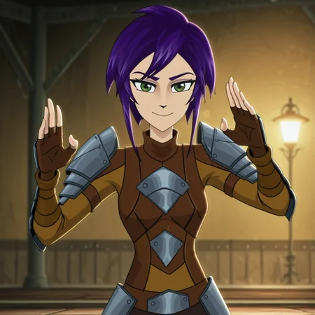 1girl, solo,
absurdres, high quality, masterpiece, anime screencap, 8k, absurd res, cinematic lighting,
detailed face, smile,
evening, fighting stance, fighting viewer,
<lora:Starling:1> starlingsh, purple hair, green eyes, fingerless gloves, armor