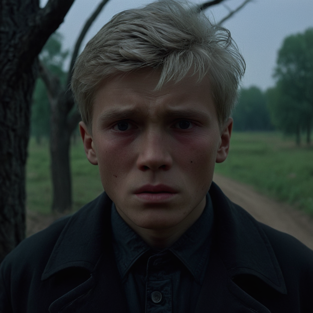cinematic film still of  <lora:Come and See style v2:1>
Florian Gaishun wrinkly face In 1943, in a small Belarusian village a young man with a black jacket and a black shirt,solo,looking at viewer,1boy,closed mouth,white hair,male focus,outdoors,tree,realistic,old , action, horror, war, movie themed, sharp, detailed, epic cinematic photography, artistic, creative, dramatic light, cinematic color style, Kodak film style, 8k resolution, Come and See style, shallow depth of field, vignette, highly detailed, high budget, bokeh, cinemascope, moody, epic, gorgeous, film grain, grainy