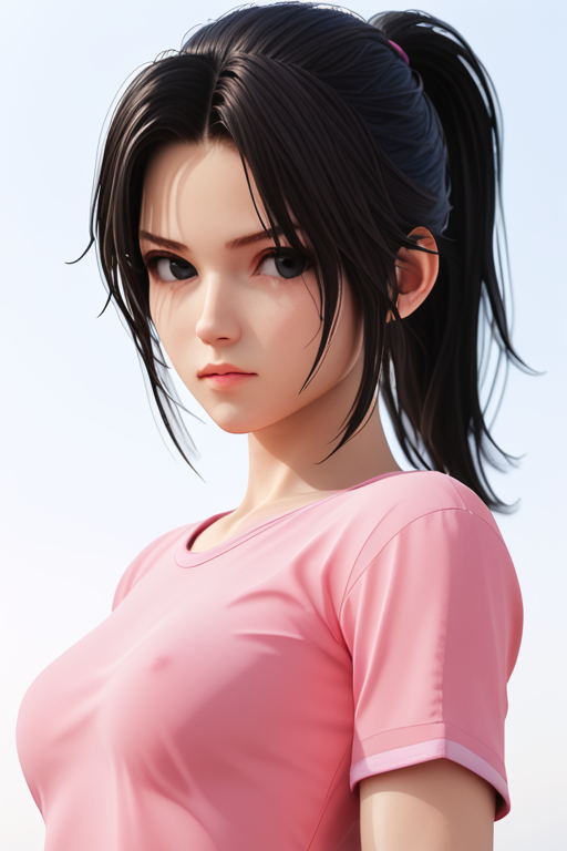 1girl, white background, 3d, <lora:Kak_Ros_UpinIpin:1> kak_ros, black hair, black eyes, ponytail, pink shirt, looking at viewer, medium breasts, (angry:0.3)