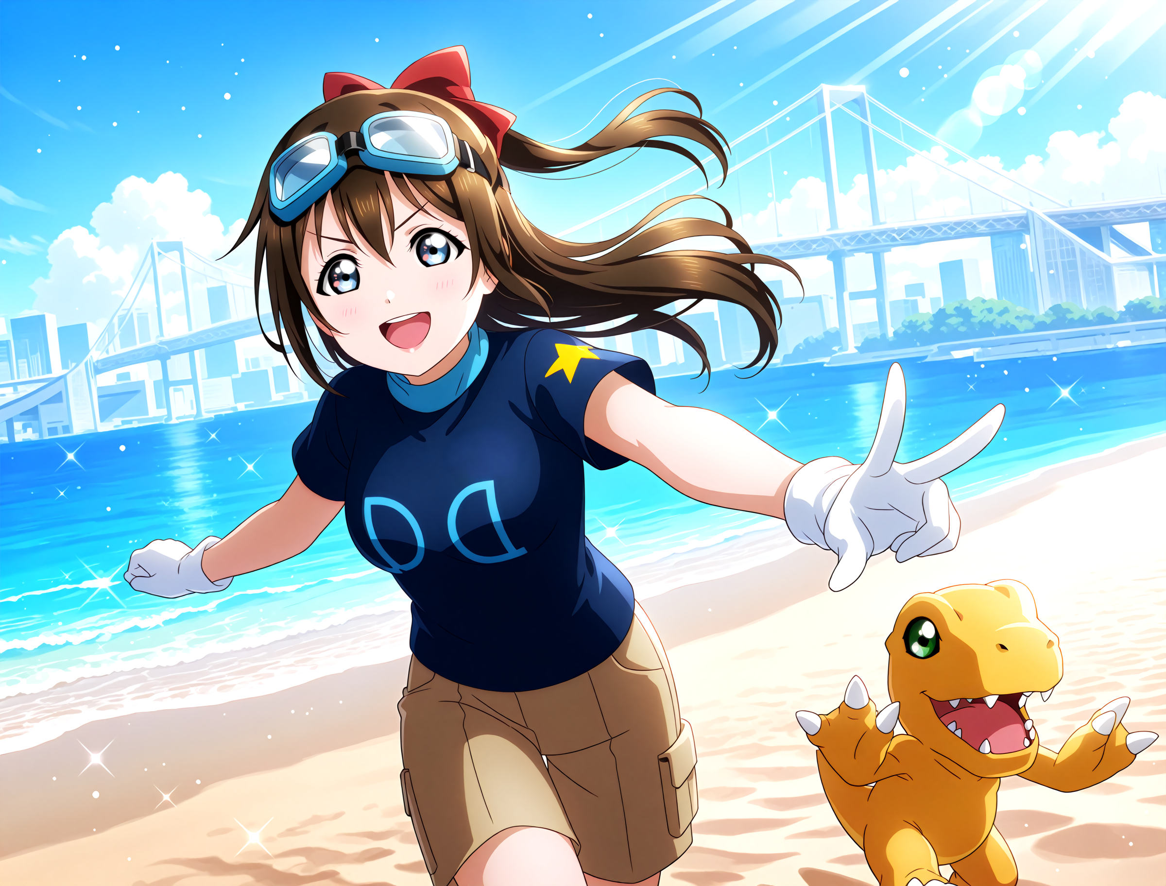 <lora:Koto-Umi-Riko-Shizu-Setsu-LLAS-IllustriousXLV01-V1:1> <lora:sdxl-boldline:-0.5> <lora:sdxl-flat:0.5>
<lora:Rainbowbridge-IllustriousXLV01-V1:1>
llas, masterpiece, very aesthetic, absurdres, best quality, newest, perfect anatomy, perfect lighting, anime coloring BREAK
sparkle, light particles, light rays, rim lighting, (depth of field, blurry background:1.2) BREAK
1girl, ooking at viewer, cowboy shot BREAK
osaka shizuku, (yagami taichi cosplay:1.2), (dark blue shirt, brown pants, shorts, white gloves:0.8), goggles on head, (digimon \(creature\), agumon) BREAK
big pupils, (detailed eyes:1.2), large breasts, lips, :d, upper teeth only, v-shaped eyebrows, running BREAK
rainbowbridge, odaibakaihinkoen, beach, sand, reflective water, day, blue sky, blue theme