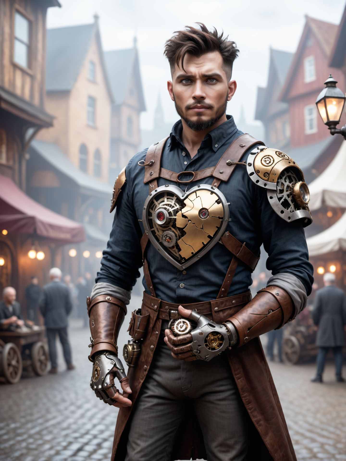 a man with an mechanical heart in his hand is standing in the middle of an a steampunk town, detailed, realistic, 8k uhd, high quality