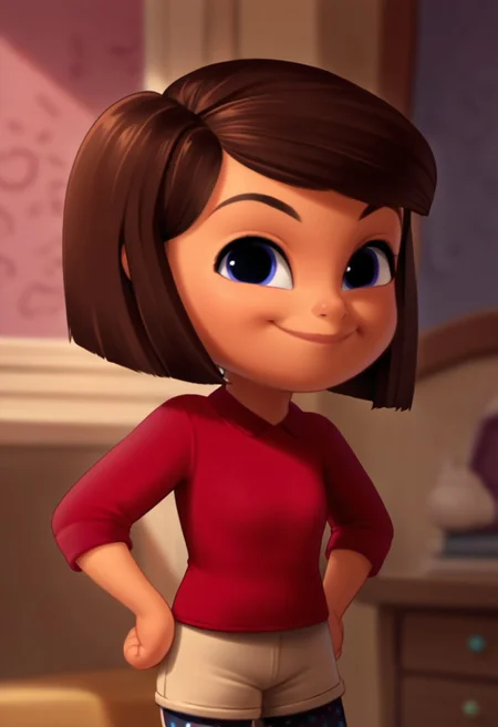 score 9, score 8, score 7, score 6, 1girl, solo, tabitha templeton, short hair, brown hair, blue eyes, polka dot pantyhose, red shirt, shorts, looking at viewer, smile, upper body, interior, hands on hips, 2d, short, cute, chibi, source_cartoon, young,