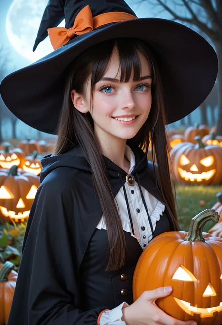 score_9, score_8_up, score_7_up, score_6_up, (masterpiece, best quality:1.2), <lora:medsonlima:.85>, medsonlima, 1girl, hat, solo, witch hat, blue eyes, halloween, holding, jack-o'-lantern, smile, looking at viewer, black hair, upper body, bow, bangs, hood, long hair, pumpkin, closed mouth, hood down, long sleeves