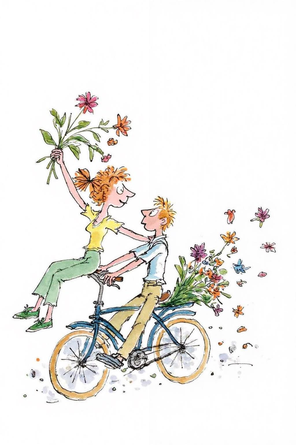 qub1 illustration.
Scene of a couple riding a bicycle. The woman, with short, curly red hair in a ponytail, is wearing a yellow short-sleeved shirt, light green pants, and green shoes. She is sitting on the handle bar of the bicycle, turning her head to look back at the man, She is holding a flowers up into the air. The man is riding the bicycle and staring at the woman. <lora:qub1_cap_d6a3e12:1.0><lora:826982033139037268:0>