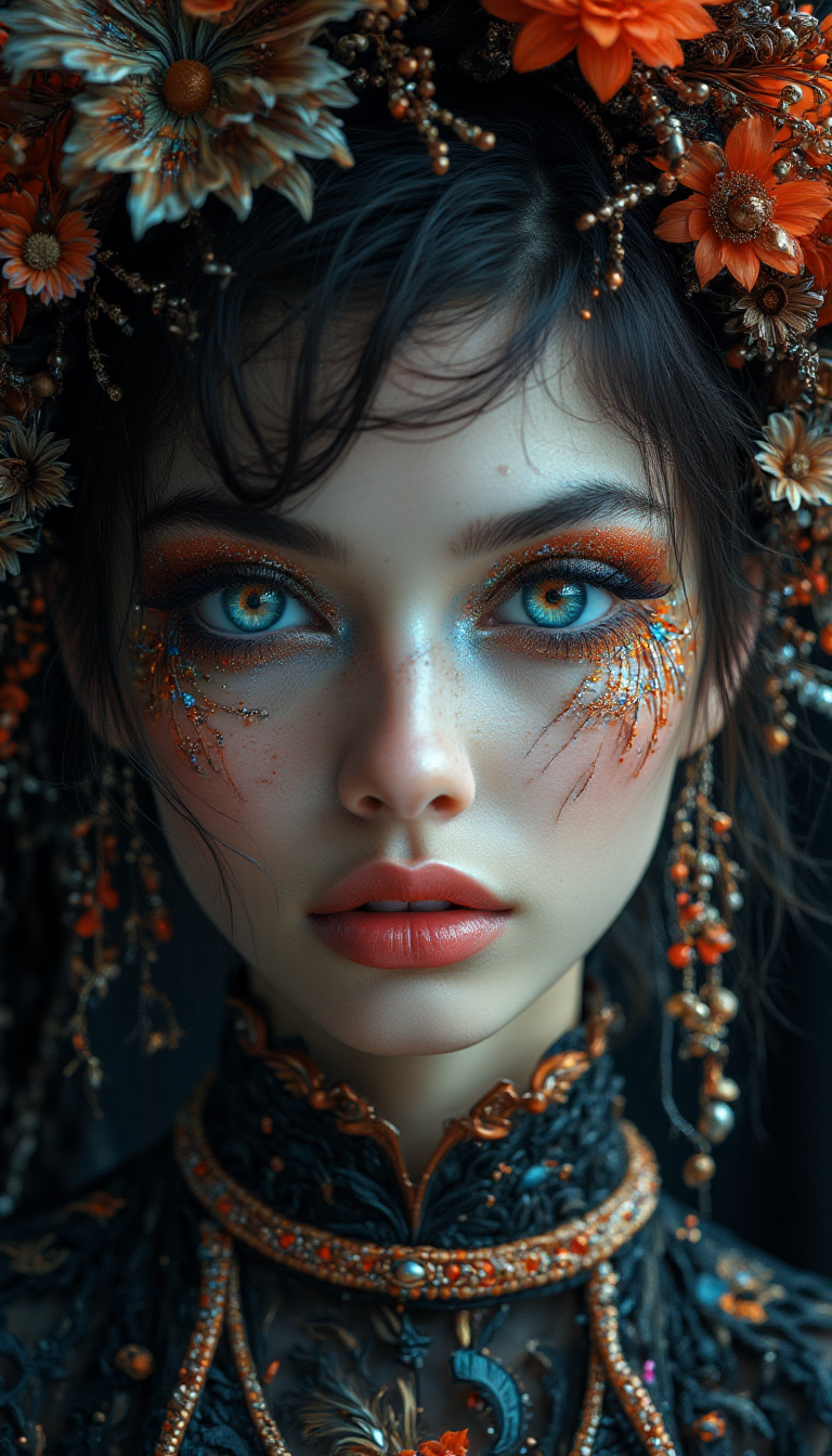 A hyper-realistic portrait of a stunning supermodel, featuring a beautifully detailed face with intricate. The image blends futuristic and traditional elements with a neo mode, avant-garde style, characterized by delicate and sleek lines, vibrant colors, and exquisite details. The modelâs eyes captivate with complex colored irises, while her unique, crazy hairstyle adds to the surreal and mysterious charm. The overall composition is symmetrical and fluid, with an ethereal and timeless aura. The interplay of light and shadow enhances the high-fashion aesthetic, capturing the essence of cyberpunk and folklore in a visually striking and artistic statement,  Midjourney_Whisper, <lora:midjourney_whisper_flux_lora_v01:1>