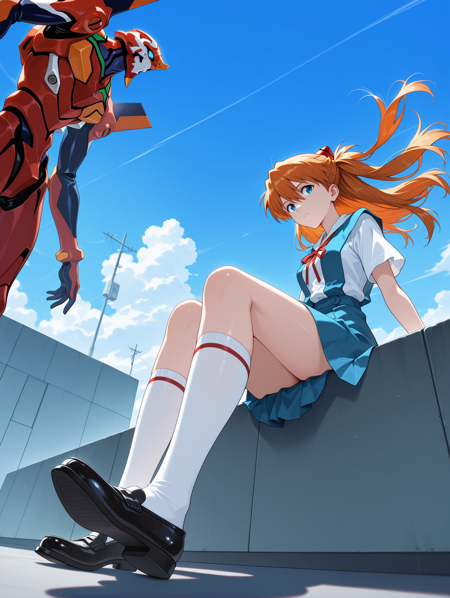 neon_genesis_evangelion, eva_02, souryuu_asuka_langley, 1girl, black_shoes, blue_eyes, blue_skirt, blue_sky, closed_mouth, evangelion \(mecha\), floating_hair, hair_ornament, kneehighs, loafers, long_hair, looking_to_the_side, mecha, orange_hair, pleated_skirt, robot, school_uniform, science_fiction, shadow, shoes, short_sleeves, sitting, skirt, sky, socks, solo, tokyo-3_middle_school_uniform, white_socks, dynamic angle, from_below
,masterpiece,best quality,amazing quality,
