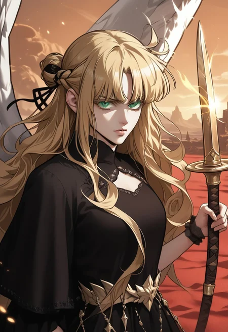 score_9, score_8_up, score_7_up, score_6_up, detailed, extremely detailed, Uriel, green eyes, blonde hair, long hair, majestic, black armor with gold features, graceful look, badass, mighty looking, powering up a strong attack,
large white wings, feathery, wings spreading out behind, white glowing burning sword, white flames, ((holding sword with both hands)), sword facing upwards, holding sword over head, flying, in the sky, 
BREAK
in hell, red sand, dark rocks, gloomy city in background, orange sky, stars visible