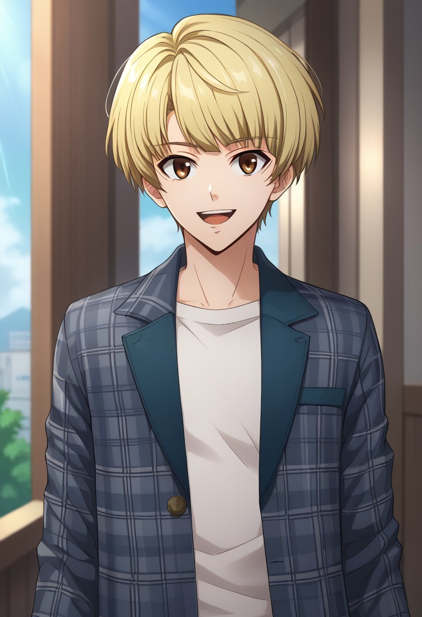score_9, score_8_up, score_7_up, source_anime, highly detailed, 
banri, solo, 1boy, male focus, blonde hair, brown eyes, upper body, smile, pants, open mouth, belt,
jacket, denim, shirt, plaid, plaid shirt, open shirt, open clothes, grey shirt, long sleeves, upper body