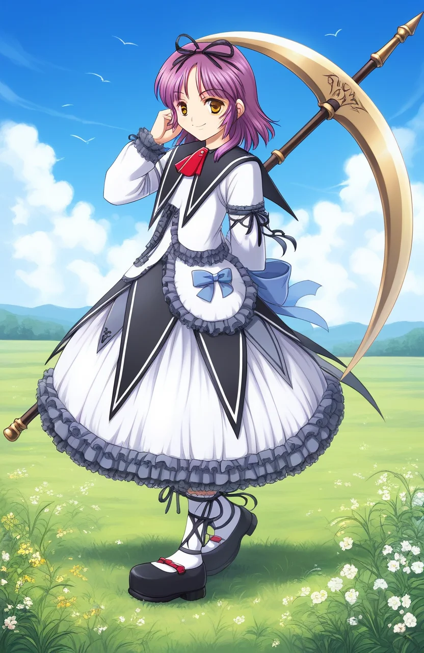 score_9, score_8_up, score_7_up, source_anime, rating_explicit, BREAK <lora:Renne_Bright_XL:1> Renne_Bright, purple hair, medium hair, yellow eyes, hair ribbon, black ribbon,
1girl, solo, golden_scythe, holding scythe, full body, dress,
smile, bow, ribbon, shoes, frills, holding, socks, tachi-e, white dress, red ascot, weapon, brown eyes, standing, mary janes, looking at viewer, white socks,
grassland, blue sky,