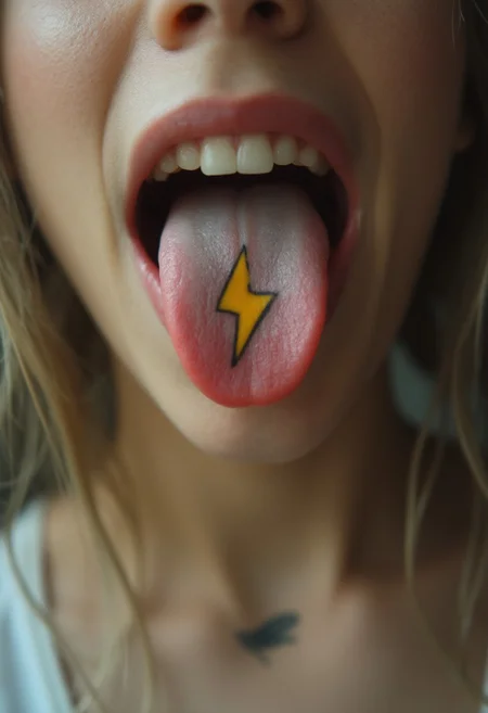 girl, upper body, tongue out, portrait , closeup, yellow tattoo shaped like a lightning bolt on tongue