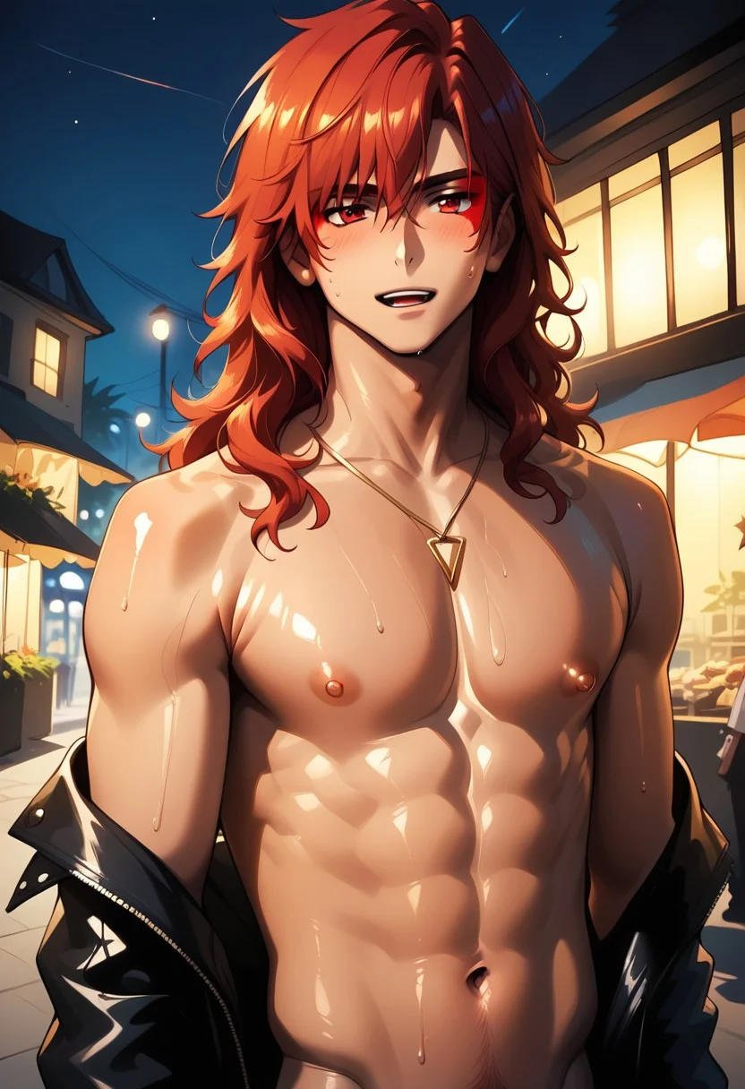 score_9, score_8_up, score_7_up, score_6_up, masterpiece, best quality, amazing quality, best aesthetic, absurdres, intricate details, source_anime, yaoi, gay, close-up BREAK 1boy, red hair, red eyes, long hair, wavy hair look at viewer, red eyeliner, nose stud, revealing clothes, jacket, triangle necklace, bare pectorals, huge puffy nipples BREAK market, neon, outdoors, (st3rl5ghtbr9m2nce, streetlight, at night)