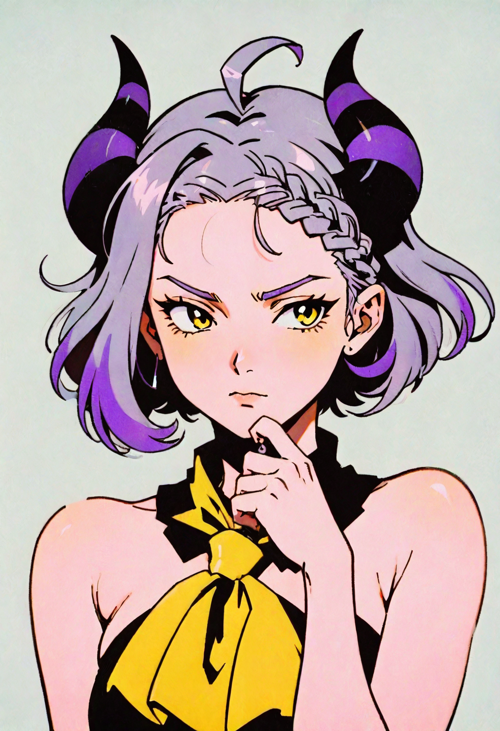 <lora:ZG9sb3JzaWxlbnRpdW0=-noobaiXL_eps_v110_V1-CAME-000035>, ZG9sb, retro artstyle, 1990s \(style\), 1girl, horns, alternate hairstyle, multicolored hair, purple hair, solo, yellow ascot, yellow eyes, short hair, streaked hair, ascot, grey hair, striped horns, ahoge, hair twirling, braid, bare shoulders, demon horns, braided bangs, black horns, upper body, looking to the side, playing with own hair