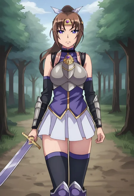 PonyXLV6_Scores, fine anime screencap_xl, anime screencap, amazing quality, very aesthetic, absurdres, best quality, masterpiece, BREAK 1girl, full body, <lora:Princess_Dianne_(Demon_King_Domination):1>, Princess Dianne, brown hair, long hair, purple eyes, tiara, ponytail, hair bow, hourglass figure, standing, stern, looking at viewer, annoyed, (black choker, (purple top, turtleneck, sleeveless, gold trim), (white skirt, pleated skirt,), (black thighhighs, purple trim), (black arm warmers, purple trim), (chest armor, breastplate, silver,) gem, (arm armor, silver), holding sword, (armored boots, silver), ), cowboy shot, BREAK (forest, forest path, trees, no men, 1girl, solo,),