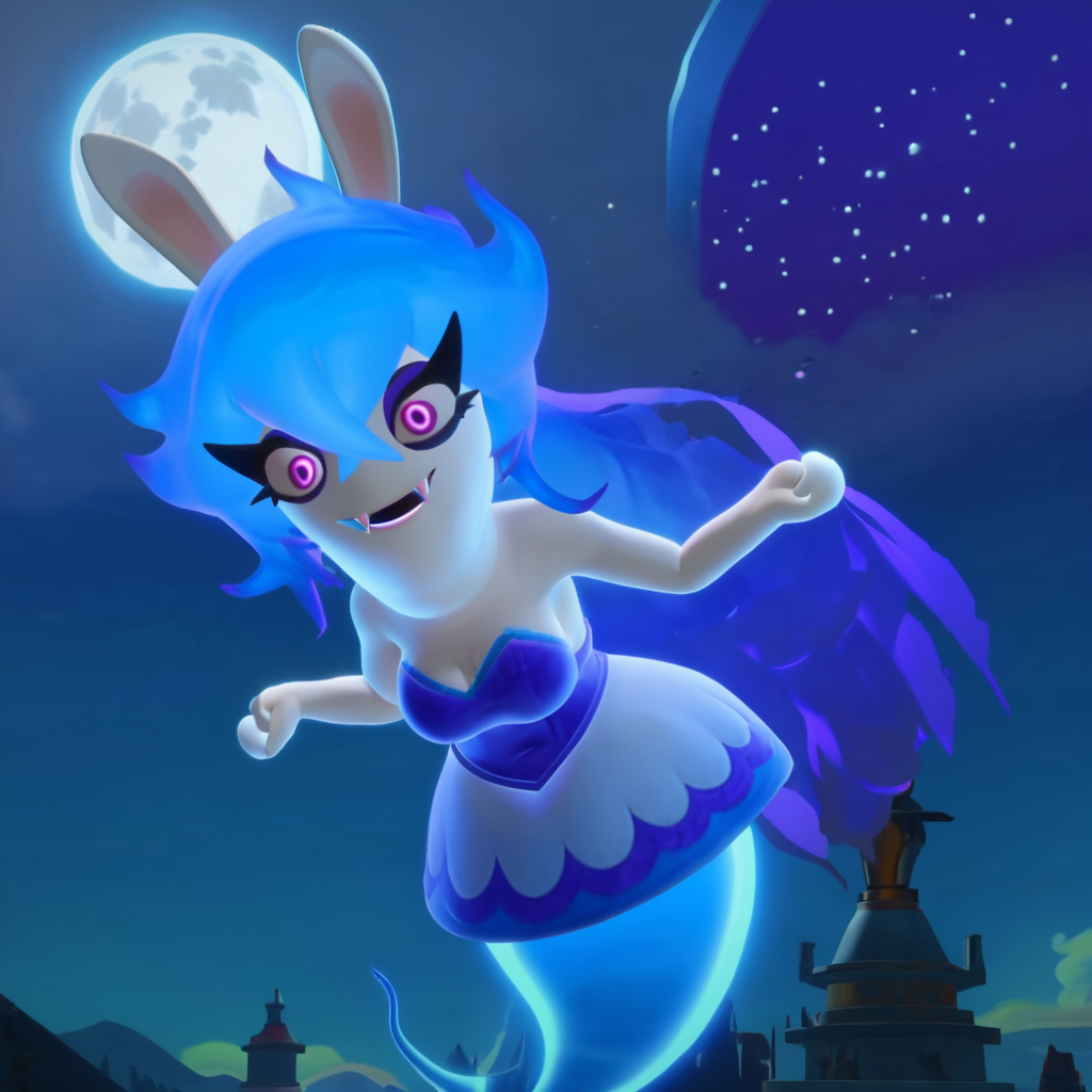 1girl, rabbit girl, ghost tail, fiery hair, eyeshadow, purple eyes, blue hair, fangs, large breasts, narrow waist, wide hips, outdoors, night sky, sky, flying, spread arms, full moon, high quality, masterpiece, highres, <lora:Midnite:1>