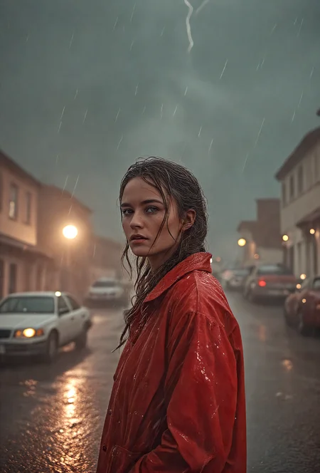 cinematic film still,a 25 year old woman,red rain coat,thunderstorm, lightning bolts,street in a small town,bold colors,bright colors,vivid . shallow depth of field, vignette, highly detailed, high budget, bokeh, cinemascope, moody, epic, gorgeous, film grain, grainy . shallow depth of field, vignette, highly detailed, high budget, bokeh, cinemascope, moody, epic, gorgeous, film grain, grainy