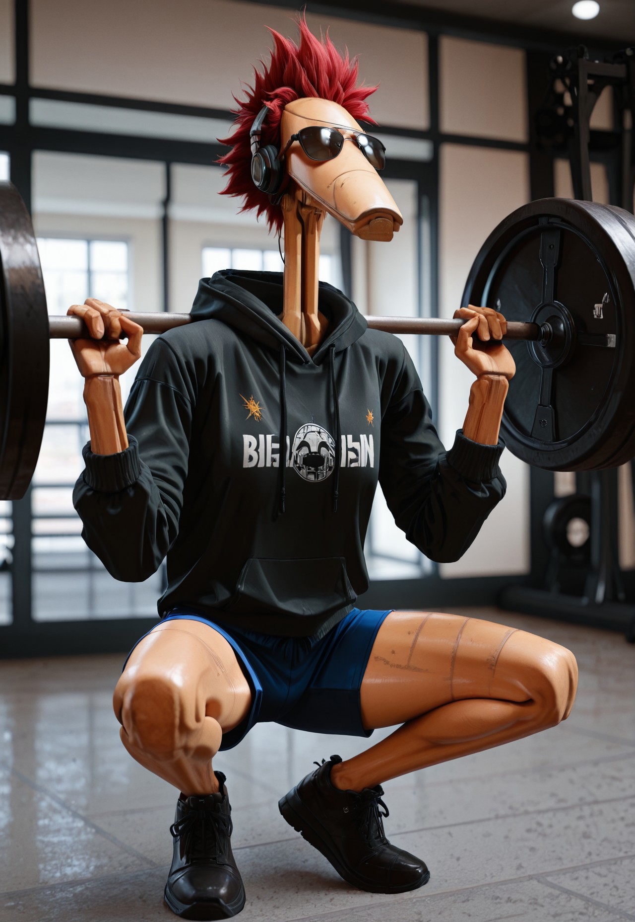 Masterpiece, absurdres, highest quality, highly detailed, newest, 8k, semi-realistic, solo, b1bd, cl4nker, seeveless hoodie, shorts, short spiky hair, headphones, sunglasses, lifting massive barbell, detailed big barbell, squatting, detailed gym background, no humans, detailed background,