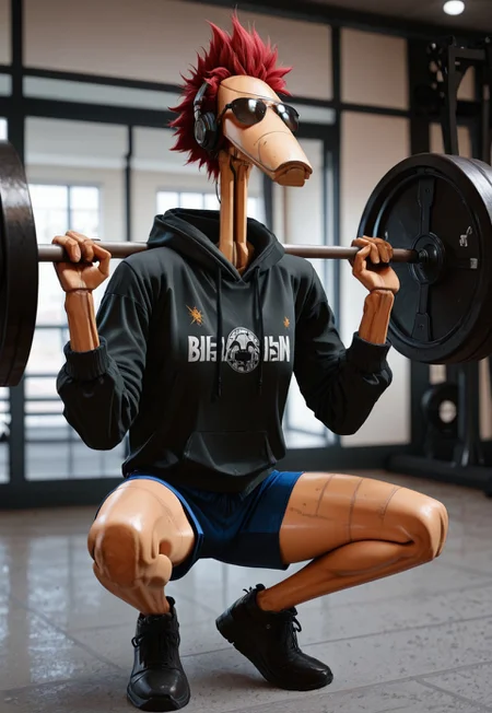Masterpiece, absurdres, highest quality, highly detailed, newest, 8k, semi-realistic, solo, b1bd, cl4nker, seeveless hoodie, shorts, short spiky hair, headphones, sunglasses, lifting massive barbell, detailed big barbell, squatting, detailed gym background, no humans, detailed background,