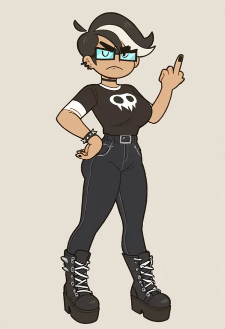 <lora:Saberv1.0:0.8> (zPDXL2), score_9, score_8_up, score_7_up, source_cartoon, saber (saberspark), 1girl, solo, human, tan skin, short hair, black hair, white highlights, (gyaru goth outfit:1.1), glasses, dot eyes, looking at viewer, annoyed, middle finger, black nails, black shirt, short sleeves BREAK big breasts, slim waist, thick thighs, huge ass, black pants, long sleeves, black shoes, boots, platform boots, white laces BREAK full body, standing, BREAK flat colors, best anatomy