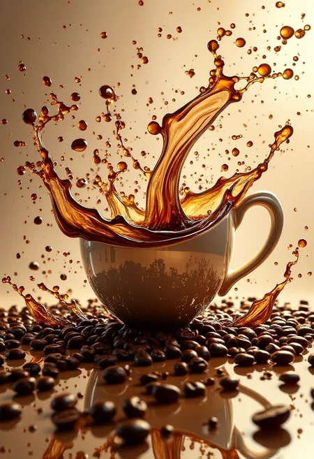 yfg-c0ff the Coffee cup, coffee beans, pearl, gold, luxurious, motion, dynamic, swirl, splashes, close-up, masterpiece